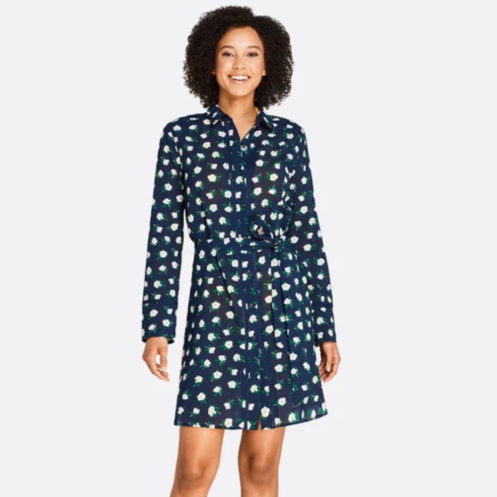 Draper James X Lands End Navy Floral Button Front Coverup Shirt Size M